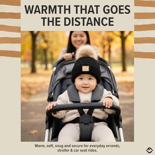 Funky Junque Baby Pom Pom Beanie – Soft Knit Infant Winter Hat for Baby Girls & Boys, Cozy Warm Newborn Beanie 0–12 Months - color: Buffalo Check - Black/Red