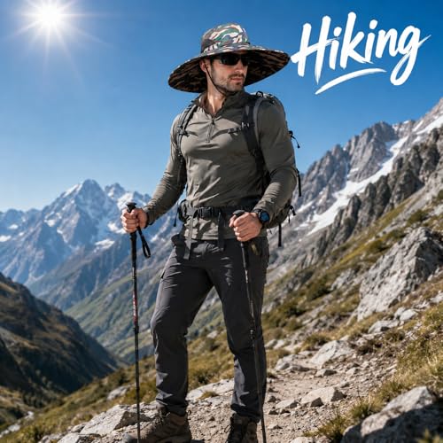 HUAMULAN Men Wide Brim Sun Hat Summer Outdoor Women Bucket Fishing Hats - color: Camouflage Green