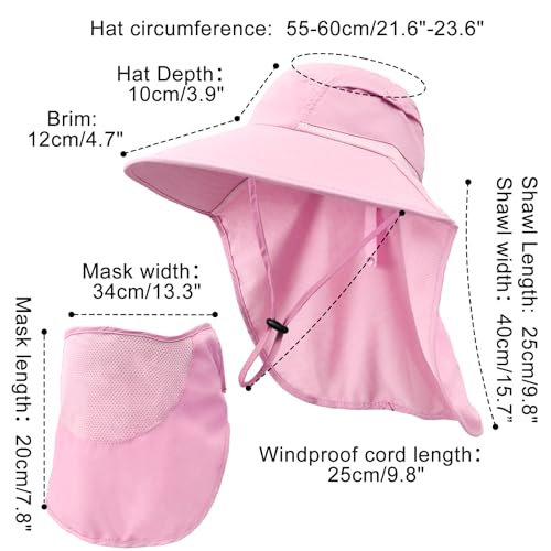 Sun Hats for Men Women Detachable Face Cover Wide Brim Fishing Hats with Neck Flap UPF 50+ Outdoor Safari Hats - color: Pink
