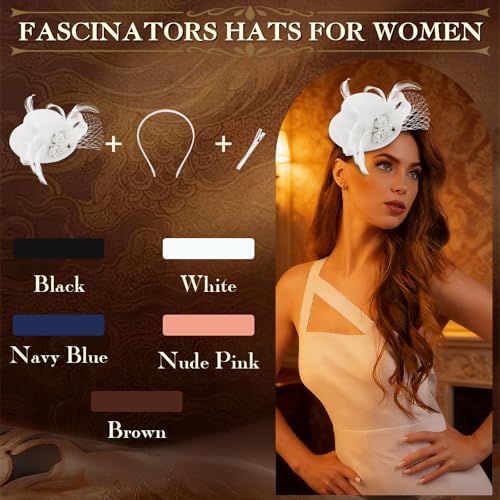 AMCAMI Fascinators Hats for Women Girls 2026 Derby Hats Tea Party Hat with Headband and Clip - color: White