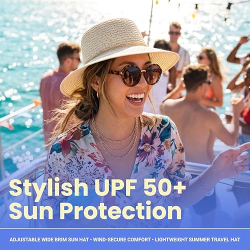 Funky Junque Wide Brim Panama Sun Hat, Womens Packable Straw - color: Twisted Straw Rope Trim - Beige Mix