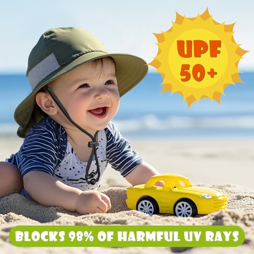 Toddler Baby Sun Hat Kids Summer Beach Essentials Adjustable Beach Hats with Bucket Wide Brim for Boys Girls Age 0-14 Years - color: 2 Pack - Navy+dark Green, size: 6-24 Months
