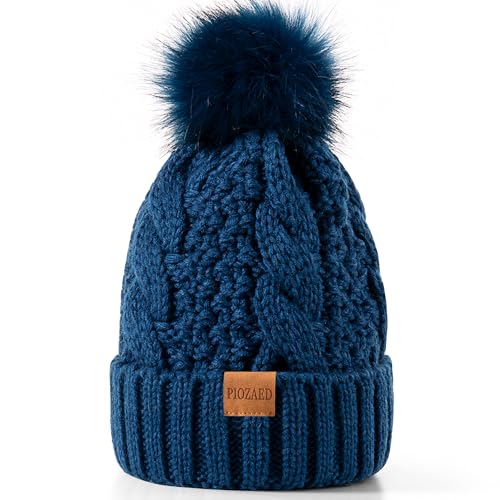 Women's Winter Pompom Beanie Warm and Cozy Knit Hat Fleece Lining Skull Cap for Women - color: Blue