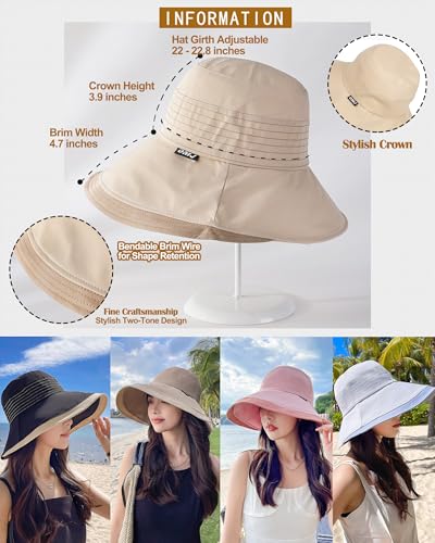 Women UPF50+ Wide Brim Bucket Sun Hat Wired Edge Adjustable Chin Strap - color: Beige