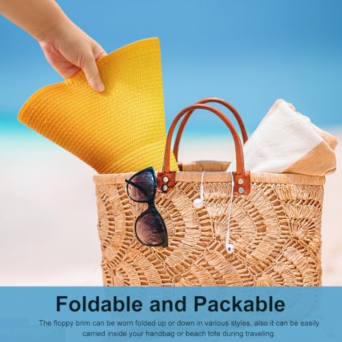 DRESHOW Big Straw Sun Hats for Women Floppy Foldable Roll up Beach Cap Sun Hat UPF 50+ Vacation Honeymoon Embroidered Hat - color: Medium Size: Yellow / Brim 5.5" (Head Circumference 22-22.8")