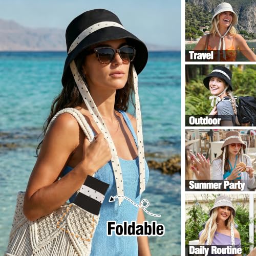 Babalet Linen Blend Sun Hat for Women Wide Brim Beach Bucket Hat - color: Black- Ponytail Opening