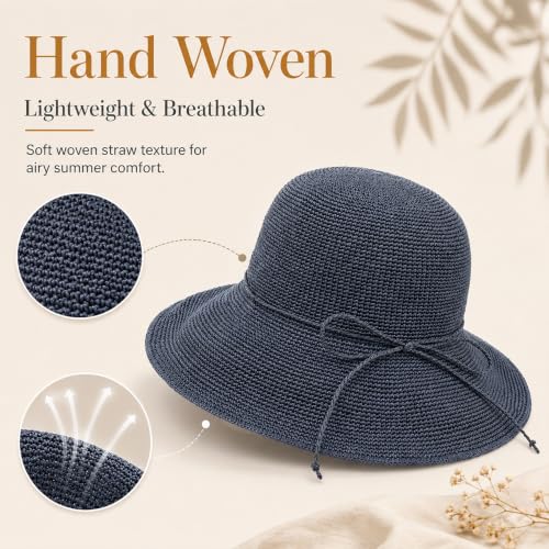 Beach Sun Hats for Women Foldable Straw Bucket Summer Hat Packable Travel - color: Charcoal Blue