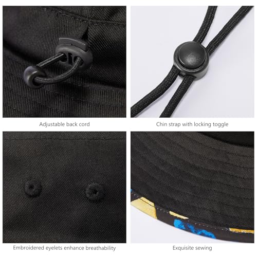UPF 50+ Foldable Sun Hat Patterned Under Brim Bucket Hats for Summer Hiking Fishing Beach Safari Men Women - color: Black & Dark Grey, size: Medium