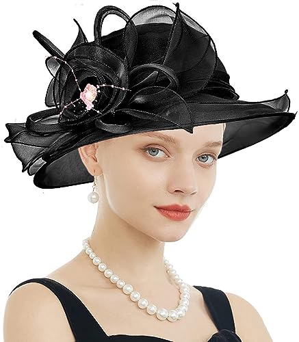 Women's Kentucky Derby Church Dress Hat Wide Brim Leaf Flower Bridal Shower Hat - color: F9 Black