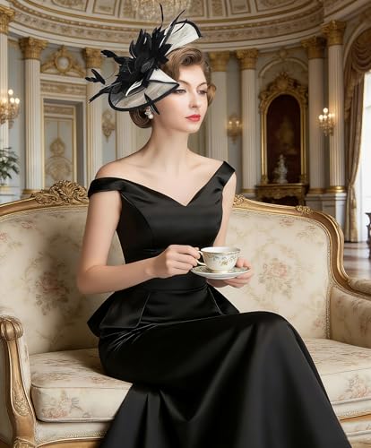 Z&X Sinamay Fascinator Hat Floral Feather Pillbox Derby Hats for Women Wedding Tea Party with Headband Clip - color: 006a Black and White