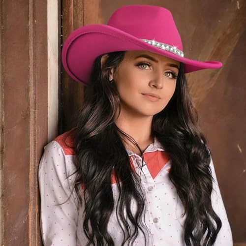 DRESHOW Western Cowboy Hat for Women and Men Wide Brim Glitter Cowboy Cowgirl Hat with Rhinestone Felt Fedora Hats - color: 1 Pack Style 10: Fuchsia