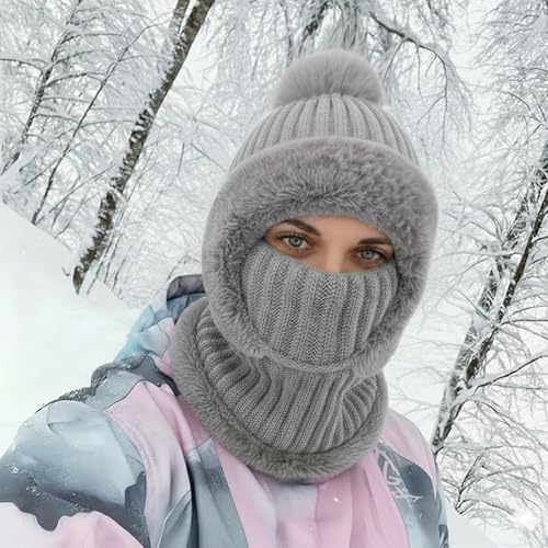 AQOKKA 3 in 1 Knit Fleece Lined Beanie Hat with Scarf and Mask Warm - color: Grey
