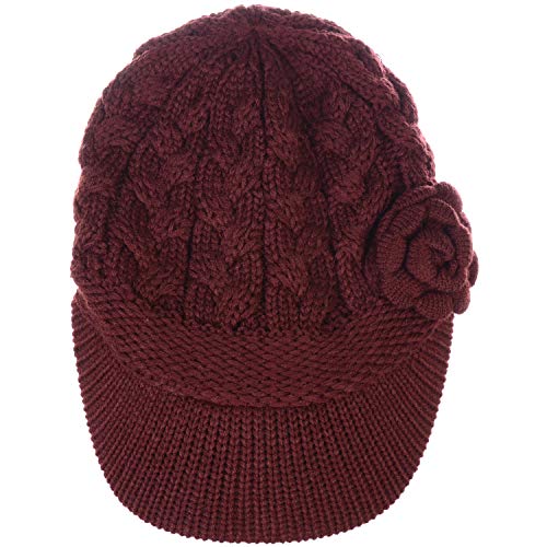 BYOS Womens Winter Chic Cable Warm Fleece Lined Crochet Knit Hat W/Visor Newsboy Cabbie Cap - color: Cable W/ Flower Wine