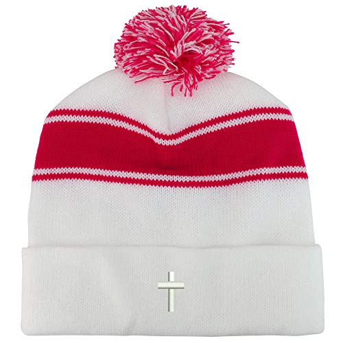 Trendy Apparel Shop Cross Embroidered Two Tone Pom Striped Long Beanie Hat - color: White Pink