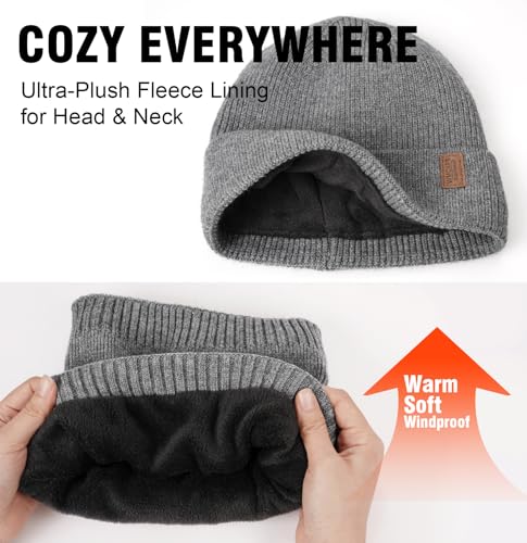 Wmcaps Winter Fleece Lined Beanie & Neck Warmer Set for Men - color: Grey