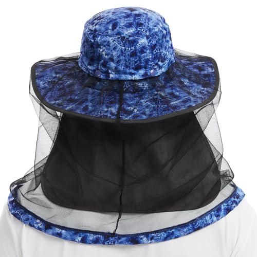 BASSDASH UPF 50+ Mosquito Sun Hat with Hidden Head Net and Neck Flap for Men Women Outdoor Fishing Hiking Camping - color: Blue Camo