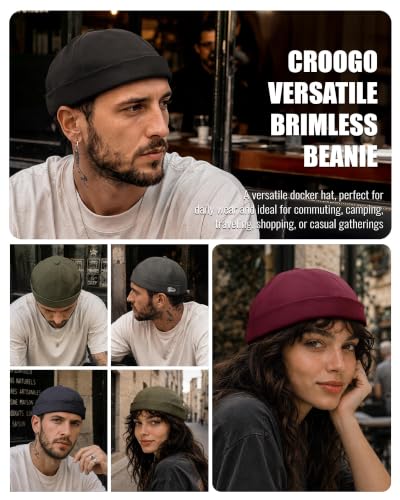 Croogo Brimless Hat for Men Cotton Docker Cap Adjustable Retro Skullcap - color: Darkgreen