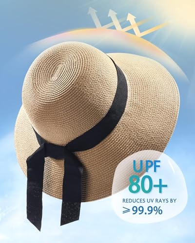 FURTALK Womens Beach Sun Straw Hat Wide Brim UV Protection Travel Hat - color: Pure Khaki, size: Medium-Large