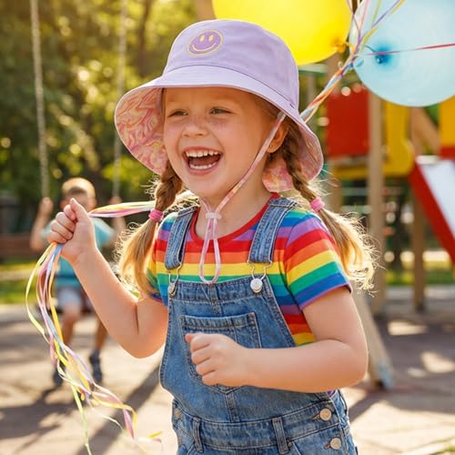 Toddler Hat Reversible Bucket Hat Happy Face Sun Hat Adjustable Chin Strap - color: Purple