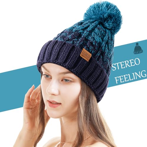 REDESS Women Winter Pompom Beanie Hat with Warm Fleece Lined Thick Slouchy Snow Knit Hat Skull Ski Cap - color: Tone Blue