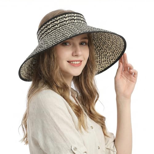 Womens Foldable Straw Sun Hat Wide Brim Adjustable Roll Up Visor Hat Woven Packable Summer Beach Hat Travel Vacation Holiday - color: Black & White