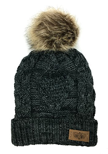 Women's Winter Fleece Lined Cable Knitted Pom Pom Beanie Hat - color: Black-grey