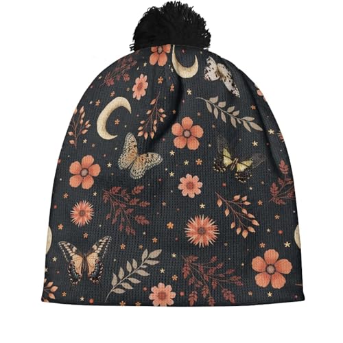 Cute Winter Hats for Women Cold Weather Knit Beanies for Women with Pom Pom - color: Gothic Moon Star Butterfly and Floral