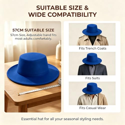 Fedora Flat Hat Classic Wide Brim Cap Panama Style Jazz Hat for Wedding Party Talent Performance Xmas Gift Unisex - color: Blue