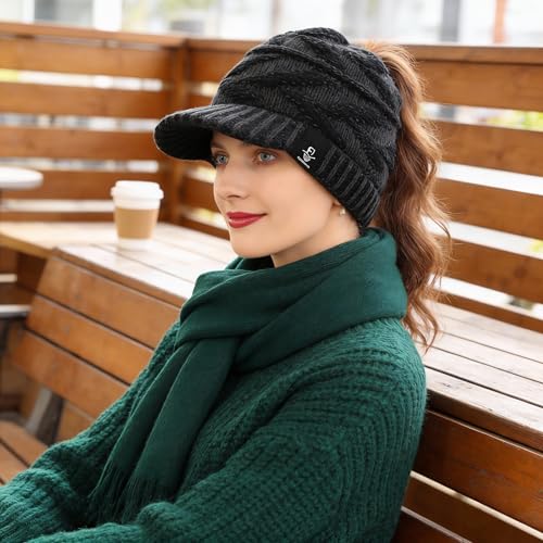 Women's BeanieTail Warm Knit Hat Messy High Bun Ponytail Visor Beanie Cap - color: B341-grey, size: Medium