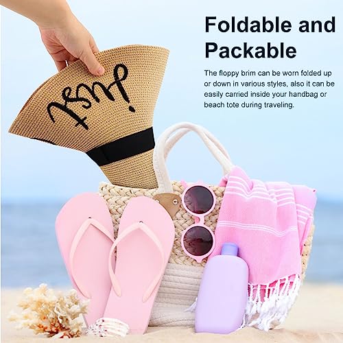 DRESHOW Big Straw Sun Hats for Women Floppy Foldable Roll up Beach Cap Sun Hat UPF 50+ Vacation Honeymoon Embroidered Hat - color: Ae Just Chillin: Khaki