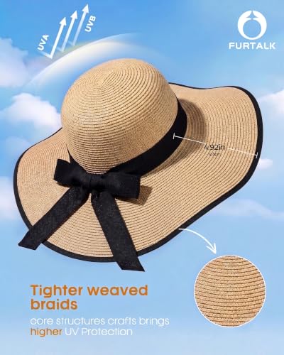 FURTALK Womens Sun Straw Hat Wide Brim Floppy Summer Beach Hats for Women - color: Khaki With Black Brim, size: Large-X-Large
