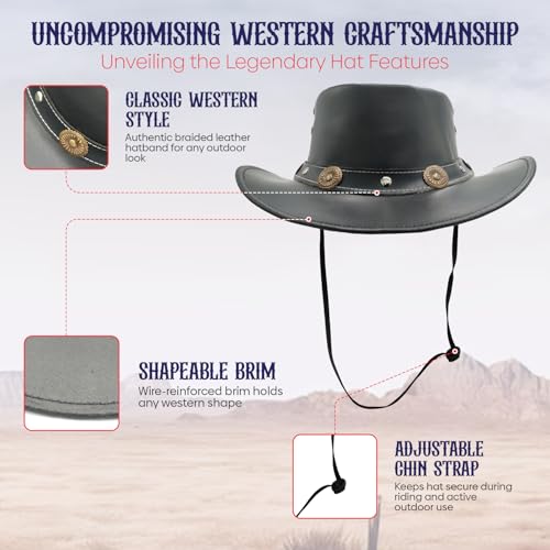 Equine Care Leather Cowboy Hat for Men & Women, Genuine Leather Western - color: Black – Concho Band, size: 7 1/2-7 5/8