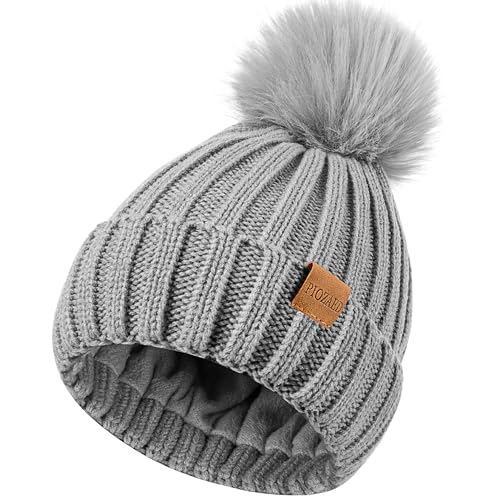 Womens Winter Beanie Hat Fleece Lined Warm Skull Cap with Faux Fur Pom Cuff Knitted Hat for Women - color: Grey