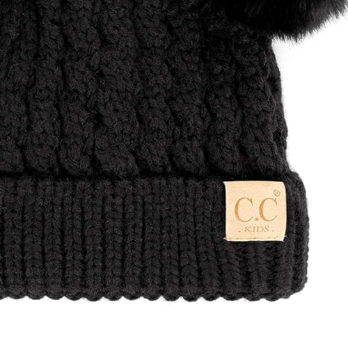 C.C Kids' Cable Knit Double Pom Beanie for Kids - Comfortable Soft Warm Children Skully Hat with Pom - color: Matching Faux Fur Pom Black