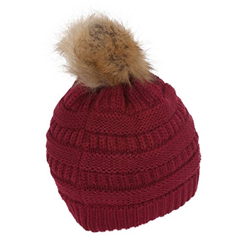 Gravity Threads Cable Knit Faux Fur Pom Pom Beanie Hat - color: Burgundy