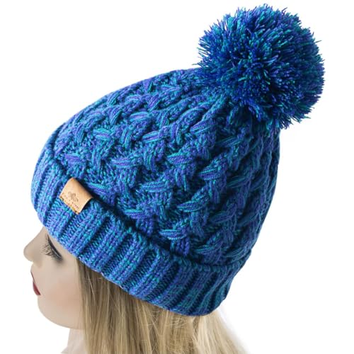 PAGE ONE Womens Winter Ribbed Beanie Crossed Cap Chunky Cable Knit Pompom Soft Warm Hat - color: Dark Blue