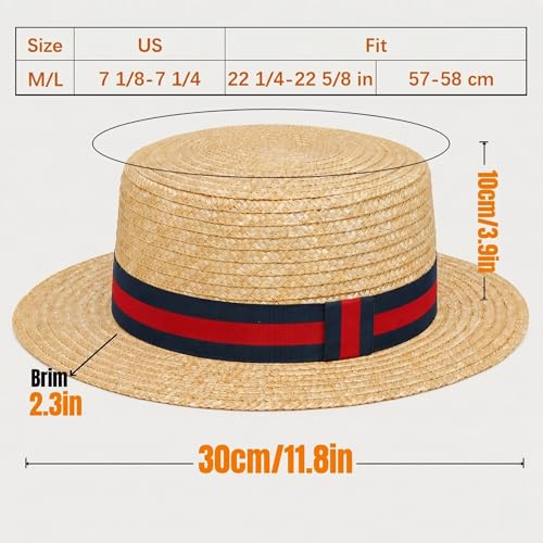 Straw Boater Hat for Men and Women, Flat Top Skimmer Hat for Amish Costumes - color: Redblue