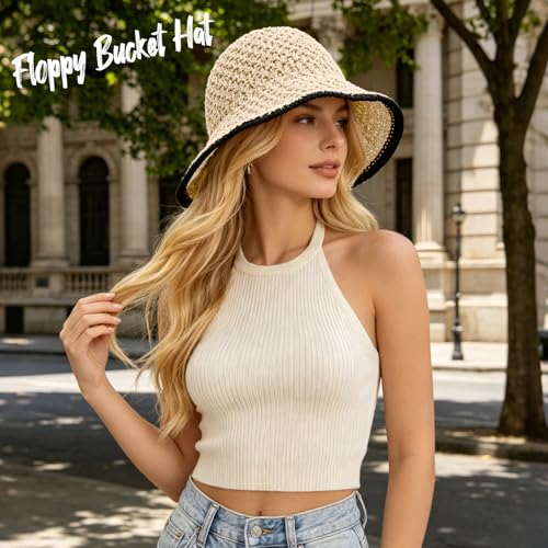 Sun Hat for Women Summer Straw Beach Hats Bucket Hat Floppy Crochet Hat - color: Beige/Black