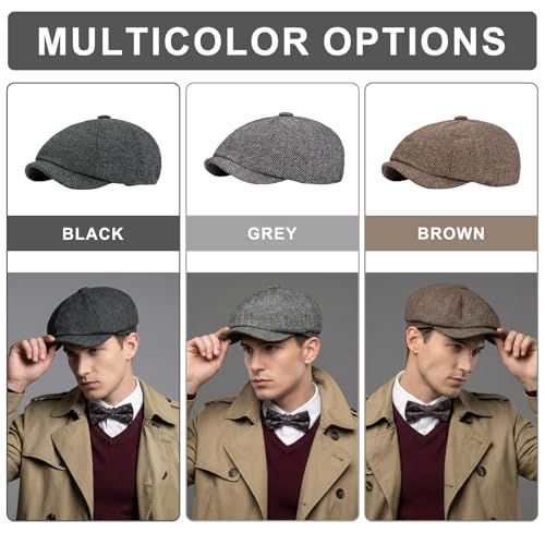 Men 8 Panel Newsboy Cap Classic Irish Gatsby Paperboy Ivy Newsies Herringbone Golf Cabbie Flat Wool Blend Winter Hat - color: Black