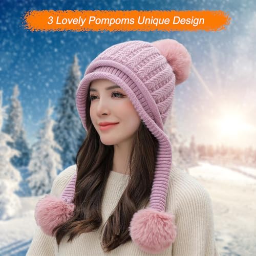 HUAMULAN Women Winter Knit Beanie Hat Circle Scarf Set Pompoms Ear Flaps - color: Mauve Pink
