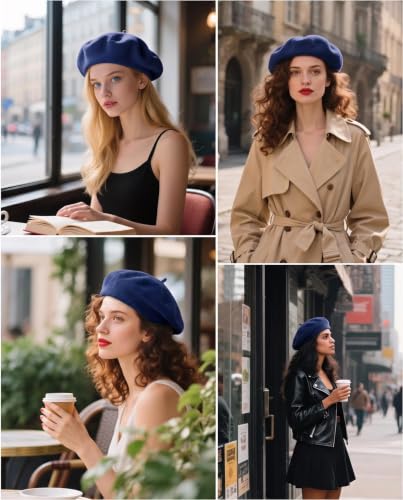 French Beret Hats for Women - Wool Solid Color Beanie Cap - color: Navy Blue