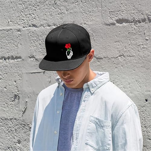 Flat Bill Hats for Men Snapback Hats Skull Skeleton Hat Flat Brim Fitted Hat Adjust Black Baseball Caps for Men - color: Flower Right Hand