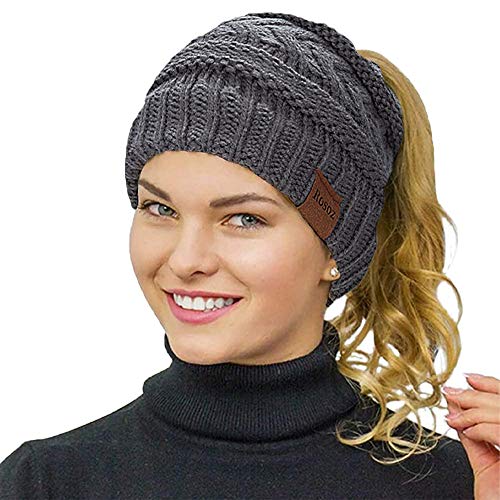 Rosoz 2 Pack Ponytail Beanie for Women,Winter Warm Beanie Tail Soft Stretch Cable Knit Messy High Bun Hat - color: 1pack-grey