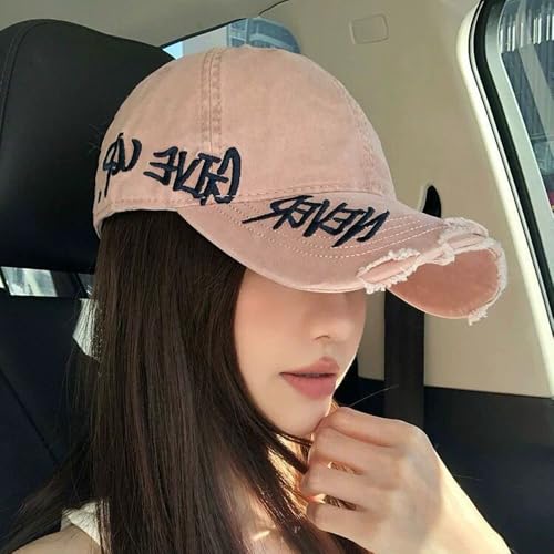 Never Give Up Embroidered Distressed Cap, Snapback Baseball Hat for Men & Women, Adjustable Dad Hat, Casual Outdoor Cap - color: Black+pink