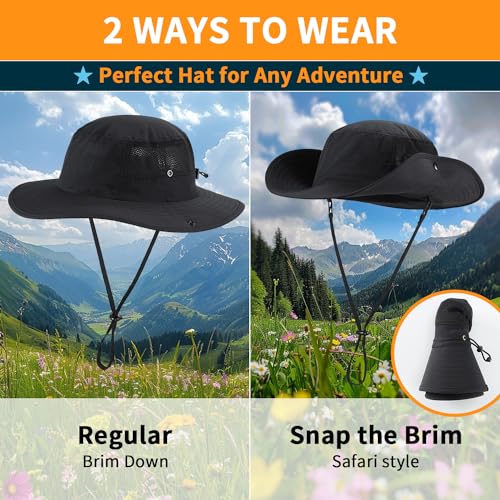 Home Prefer UPF50+ Mens Sun Hat Wide Brim Womens UV Protection Beach Bucket Hat for Fishing Hiking Snap Up Cowboy Hat - color: Black