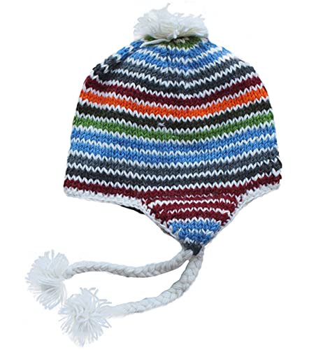 Wool Hand Knit Unisex Fleece Lined Ear Flap Beanie Sherpa Cap Hat Nepal - color: Multicolored Stripe