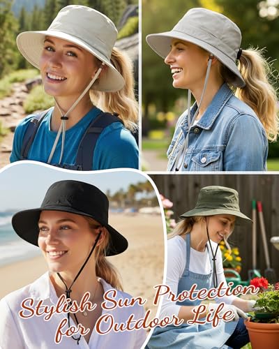 Womens Sun Hat Ponytail Packable UPF 50+ Waterproof Bucket Hat with Ponytail Hole for Beach Hiking Travel - color: Coffee