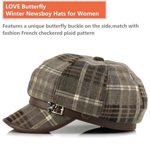 Newsboy Hats for Women - Retro Classic Plaid Hat Fashionable British Irish Beret Cap Girls Vintage Dressy Caps - color: Brown Butterfly