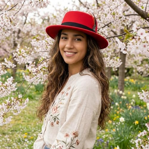 Wool Felt Fedora Hats for Women Men, Wide Brim Flat Top Hat Porkpie Hat, Jazz Hat with Feather Unisex - color: Red