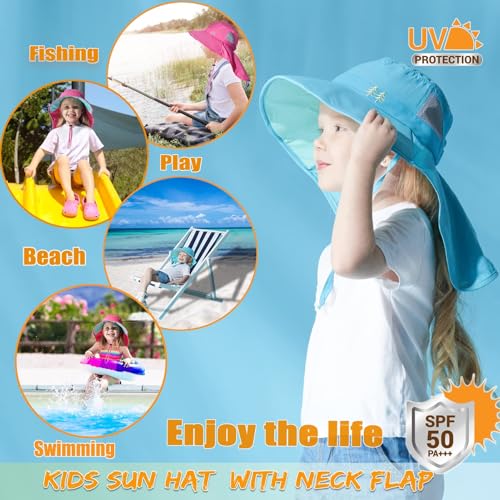 Kids Sun Hats UPF 50+ Sun Protection Hat for Kids with Neck Flap Adjustable Large Brim Beach Fishing Hat for Age 3-12 - color: Sky Blue+grey